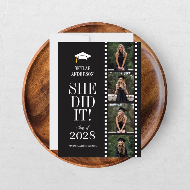 Modern Script Senior Photo Graduation Black Reel Invitation (Creator Uploaded)
