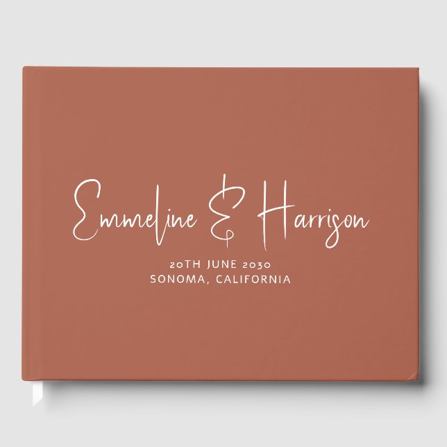 Modern Script Serif Ochre Custom Wedding Guest Book (Front)