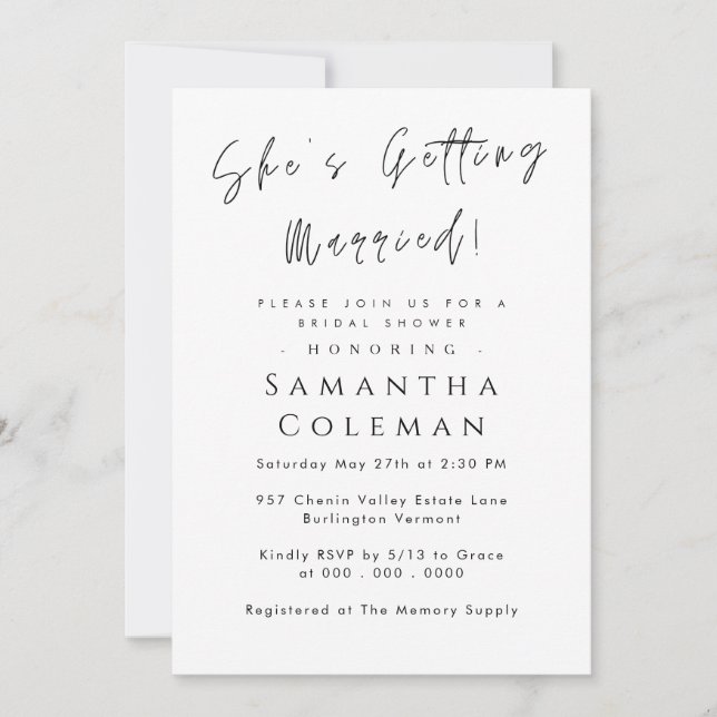 Modern Script She's Getting Married Bridal Shower Invitation (Front)