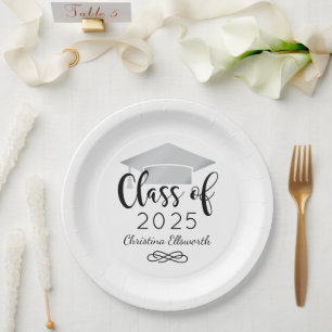 Modern Script Silver 2024 Custom Graduation Paper Plate