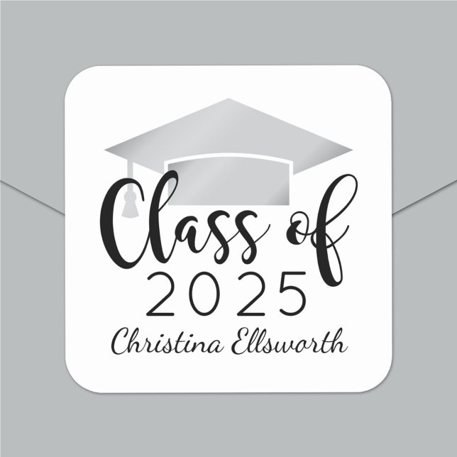 Modern Script Silver 2025 Custom Graduation Square Sticker (Creator Uploaded)