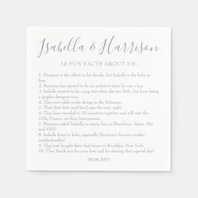 Modern Script Silver Fun Facts Wedding Napkins (Front)