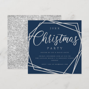 MODERN Script Silver Navy Glitter Christmas Party Invitation