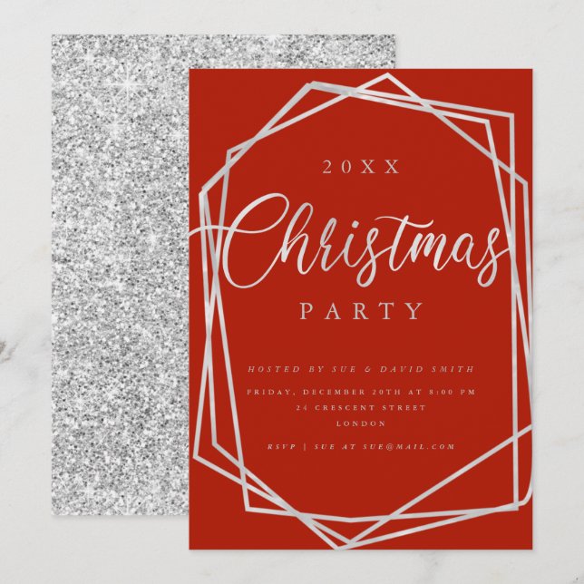 MODERN Script Silver Red Frame Christmas Party Invitation (Front/Back)