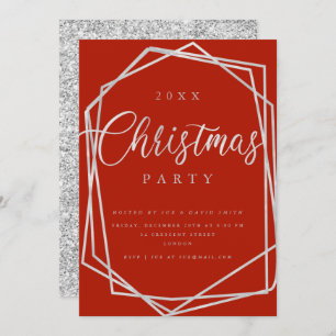 MODERN Script Silver Red Frame Christmas Party Invitation