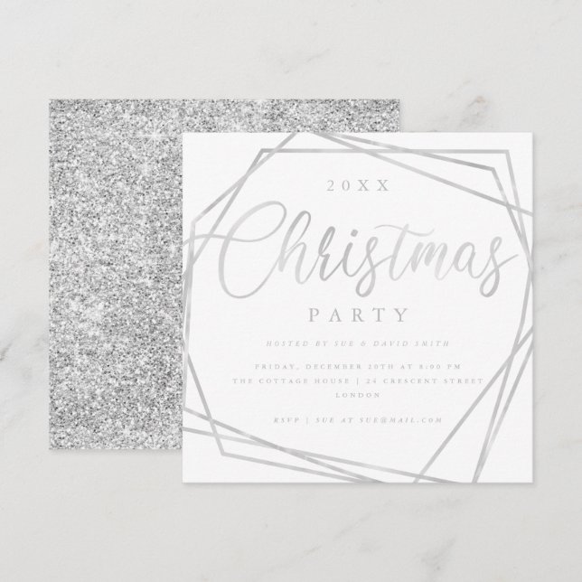 MODERN Script Silver White Glitter Christmas Party Invitation (Front/Back)