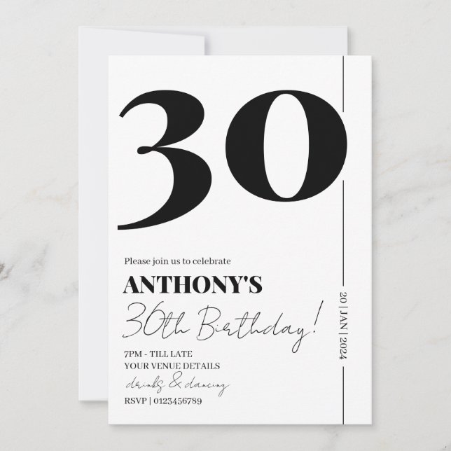 Modern Script Simple 30th Birthday Party Invitation (Front)