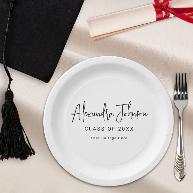 Modern Script Simple Graduation Party Paper Plate (Modern trendy black script graduation party personalize paper plates College or high school graduate)