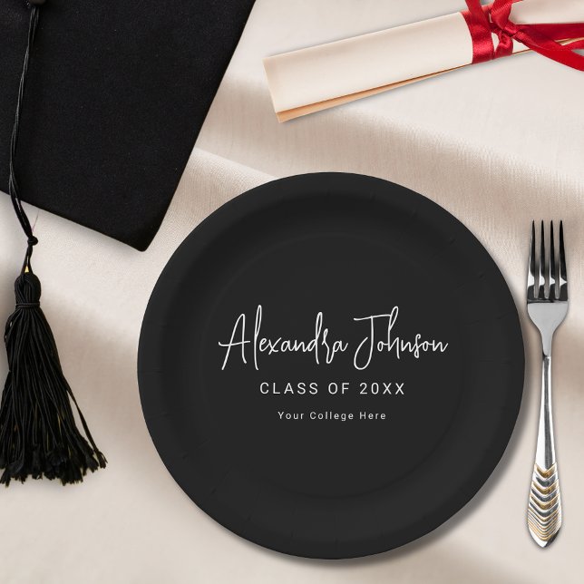 Modern Script Simple Graduation Party Paper Plate (Modern elegant black and white script graduation party custom paper plates stylish trendy chic )
