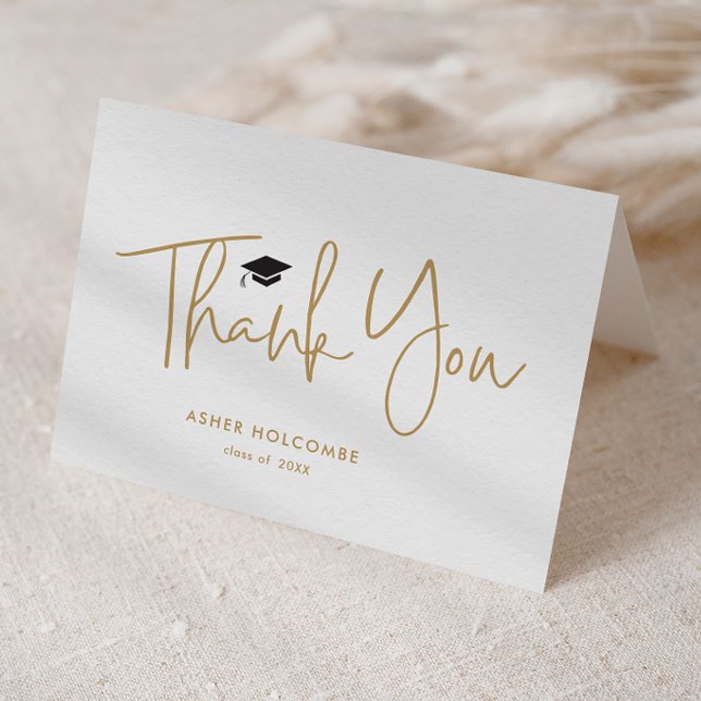 Modern Script Simple Graduation Thank You Card (Modern gold script black graduation cap graduation party folded thank you note cards.)