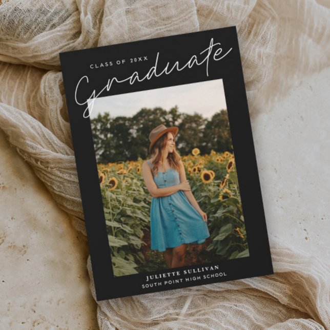 Modern Script Simple Photo Graduation Invitations (Modern script black and white minimal photo graduation invitation.)