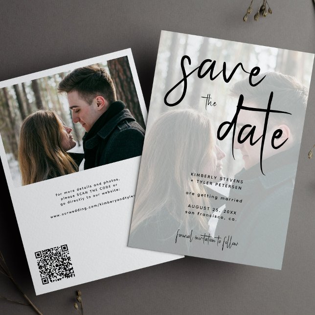 Modern script simple photo QR code wedding Save The Date (Creator Uploaded)