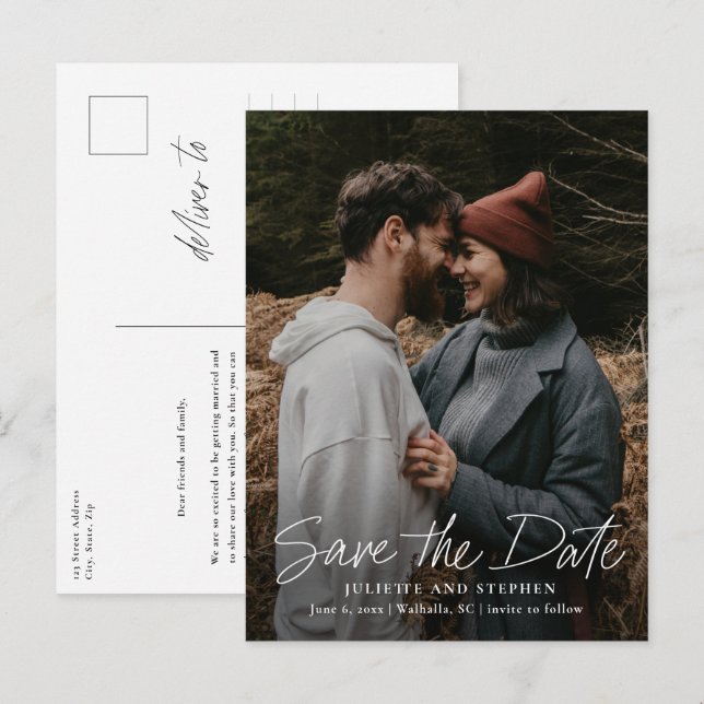 Modern Script Simple Photo Wedding Save the Date Postcard (Front/Back)