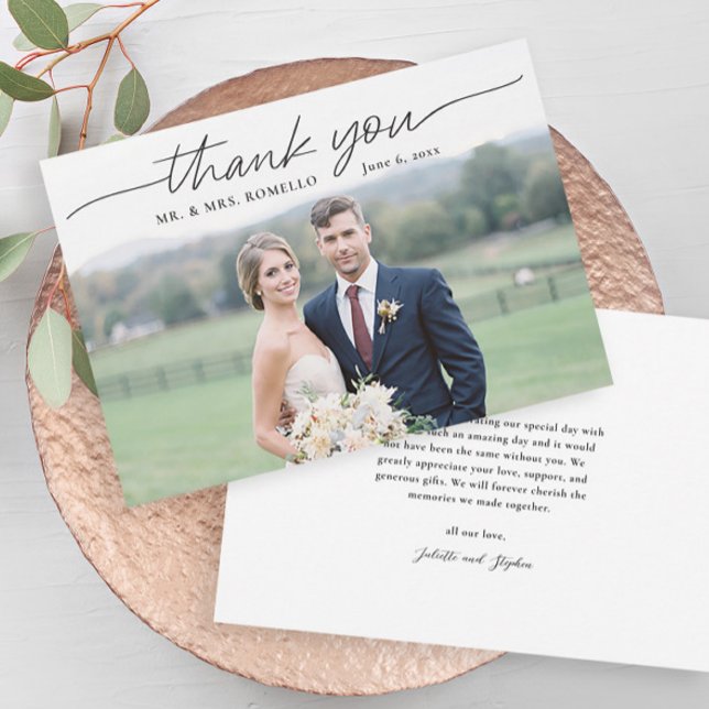 Modern Script Simple Photo Wedding Thank You Card (Elegant script overlay typography wedding photo thank you card with message from the couple on back.)