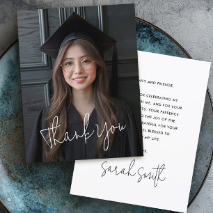 Modern script simple photo white graduation thank you card