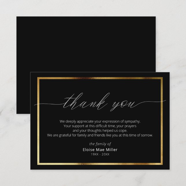 Modern Script Simple Sympathy Gold Thank You Card (Front/Back)