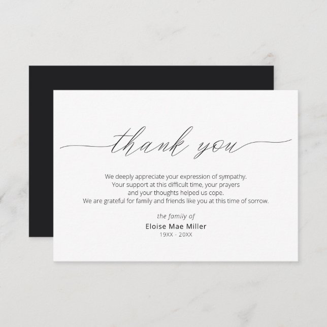 Modern Script Simple Sympathy Thank You Card (Front/Back)