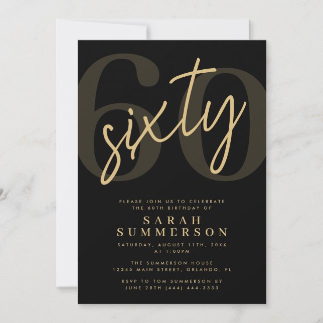 Modern Script Sixty Black Gold 60th Birthday Party Invitation (Front)