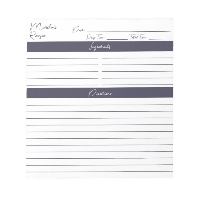 Modern Script Slate Grey Personalized Recipes Notepad (Front)