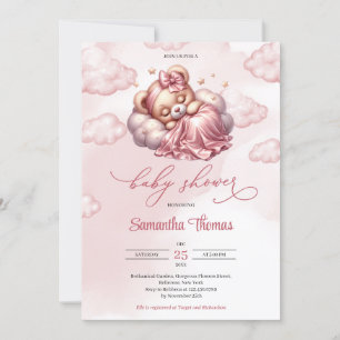 Modern script sleeping bear girl Baby Shower      Invitation