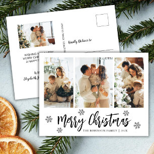 Modern Script Snowflake 3 Photo Collage Christmas Postcard