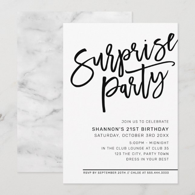 MODERN SCRIPT surprise birthday party black white Invitation (Front/Back)