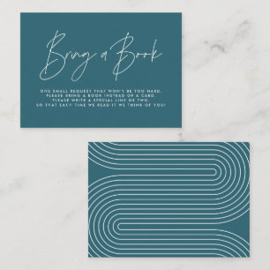 Modern script teal blue baby shower bring a book card