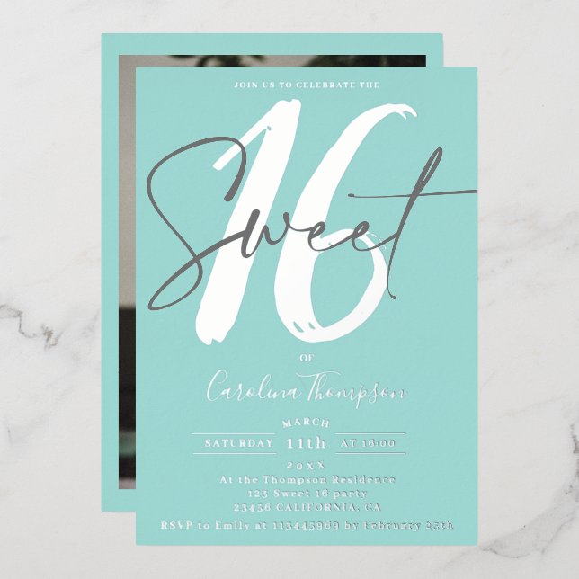 Modern script teal blue photo Sweet 16 silver (Front/Back)