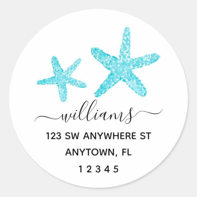 Modern Script Teal Starfish Return Address Classic Round Sticker (Front)