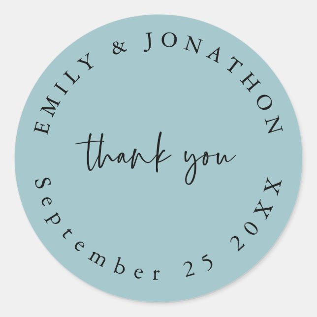 Modern Script Teal Thank You Names Date Wedding Classic Round Sticker (Front)