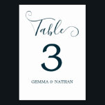 Modern Script Teal Wedding Table Number Card<br><div class="desc">Simple, elegant wedding table number template with modern romantic script element, editable table number and custom wedding name in deep teal blue. The text is printed equally on the front and back of the card. The minimalist design of these table number cards will add a stylish touch to your wedding...</div>