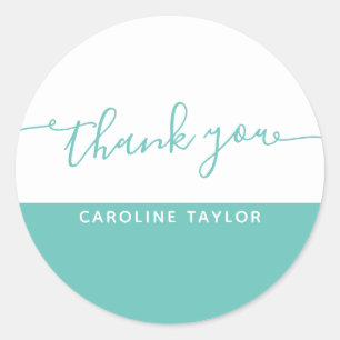 Modern Script Teal & White Thank You Classic Round Sticker