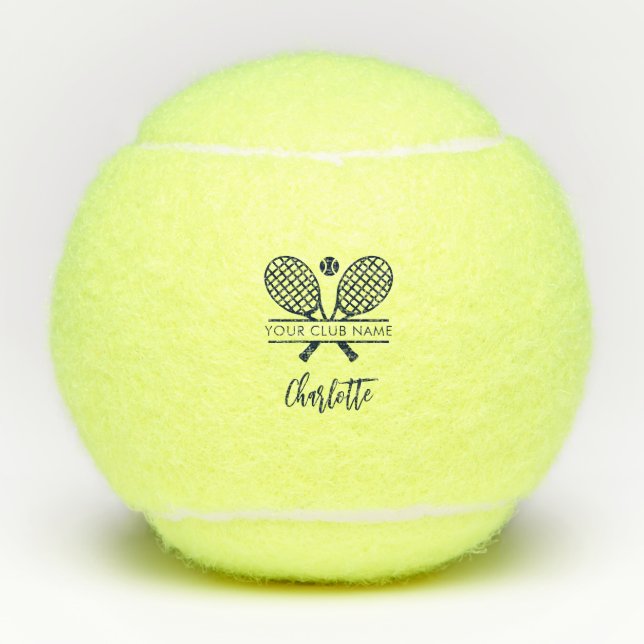 Modern Script Tennis Player Navy Blue Personalized Tennis Balls (Front)
