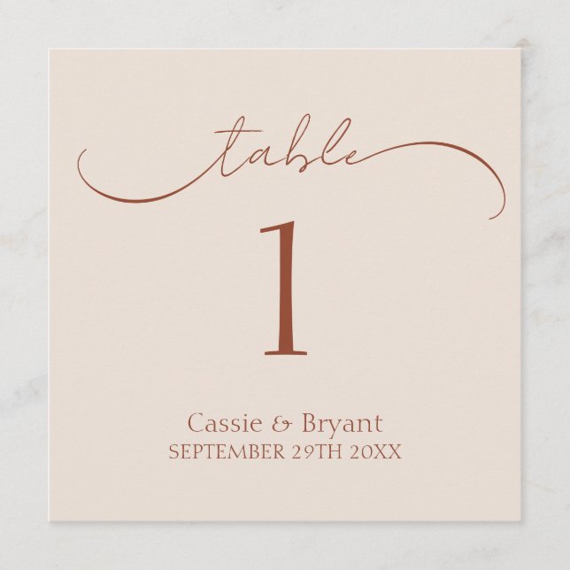 Modern Script Terracotta Wedding Table Number Sign (Front)