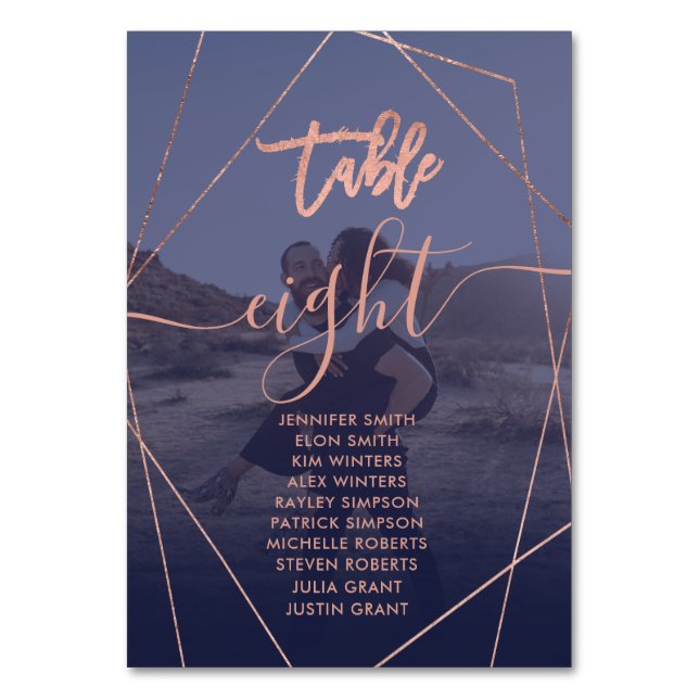 Modern script terrarium navy photo wedding table number (Front)