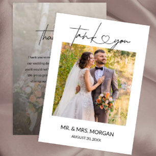 Modern Script Text with Heart and Photo Wedding Thank You Card
