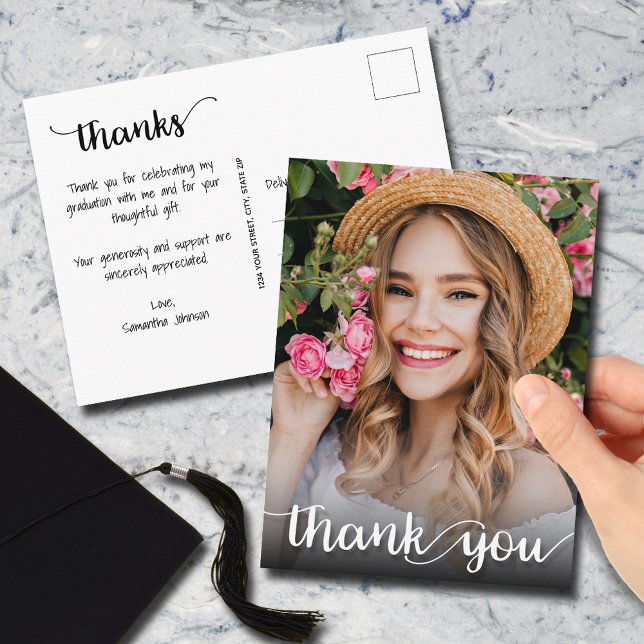 Modern Script Thank You Photo Graduation Postcard (Graduation thank you postcards with your photo on the front and message on the back)