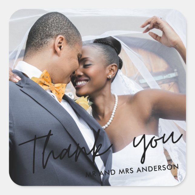 Modern Script Thank You Photo Wedding Favour Square Sticker (Front)