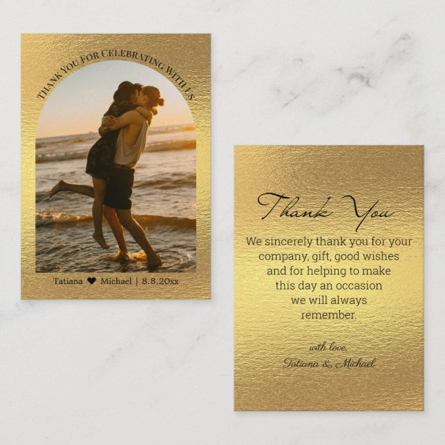 modern script thank you wedding photo gold foil card (Front/Back)