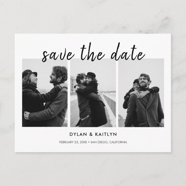 Modern Script Three Photos Save the Date Postcard (Front)