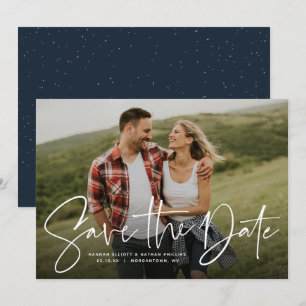 Modern script trendy navy save the date photo card
