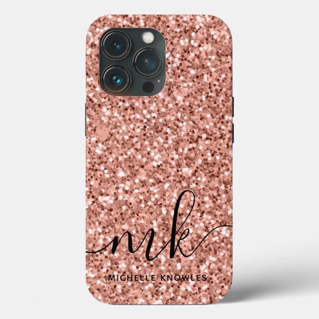 Modern Script Trendy Rose Gold Glitter Monogram Case-Mate iPhone Case (Back)