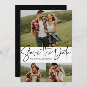 Modern script trendy three photo black and white save the date