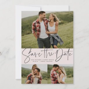 Modern script trendy three photo blush pink save the date