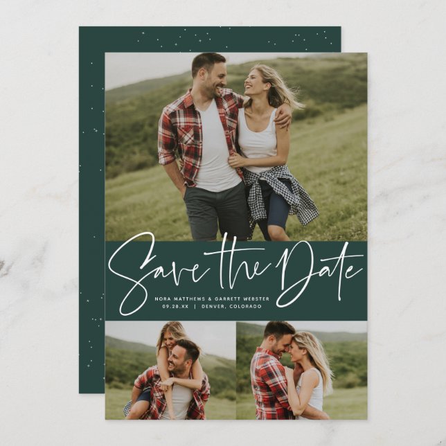 Modern script trendy three photo green save the date (Front/Back)