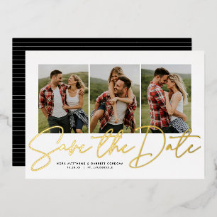 Modern script trendy three photo save the date