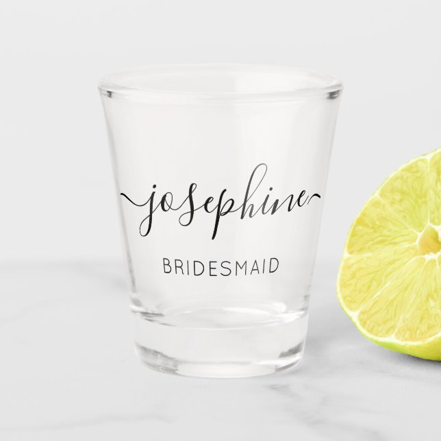 Modern Script Typography Bridesmaid Personalized Shot Glass (Front)