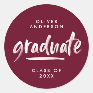 Modern script typography burgundy graduation classic round sticker