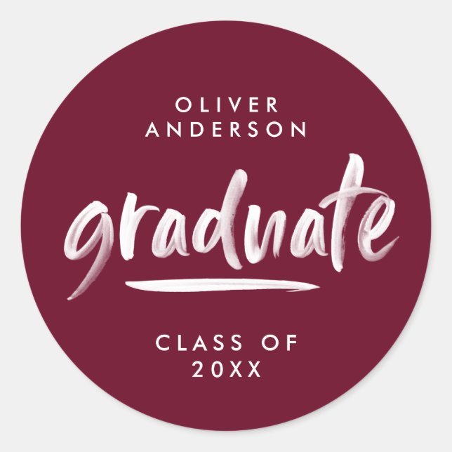 Modern script typography burgundy graduation classic round sticker (Front)
