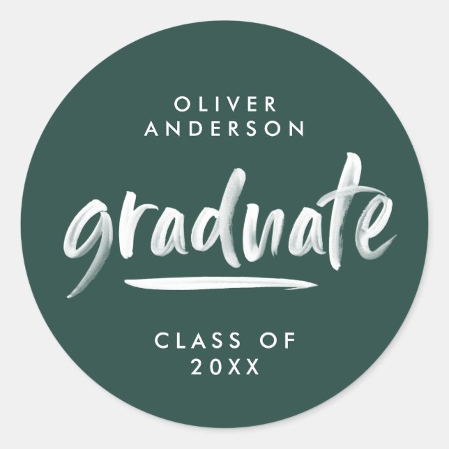 Modern script typography green graduation classic round sticker (Front)
